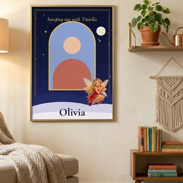 Personalised Me and Tinsella poster hanging on a wall above a bookshelf, navy night sky with a fairy and the name Olivia