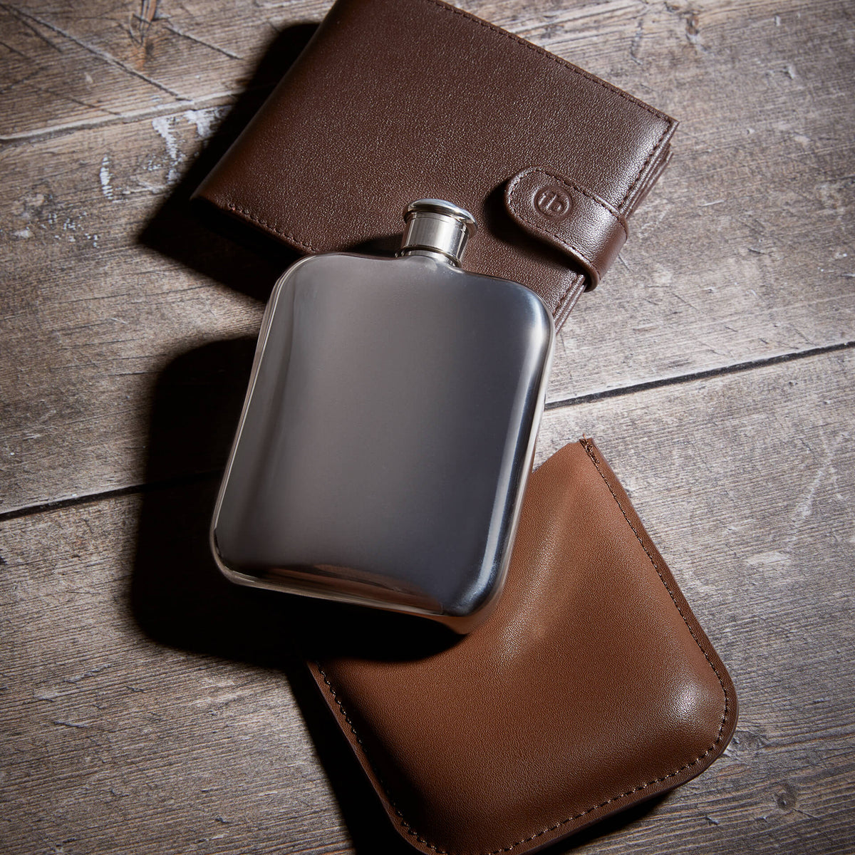 Stainless Steel Hip Flask with Brown Leather Sleeve