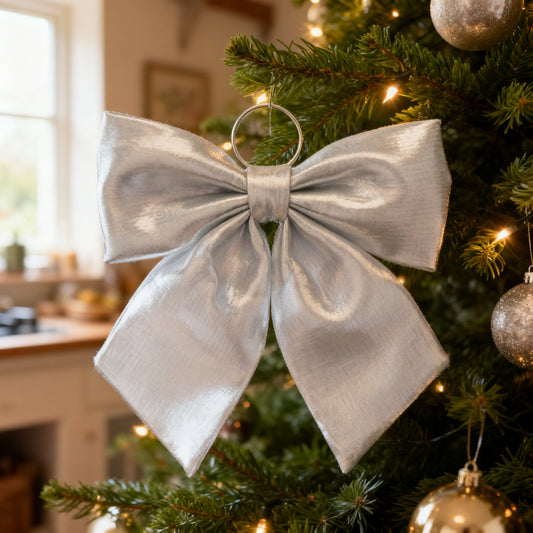 34cm Silver Metallic Fabric Bow in a styled home setting