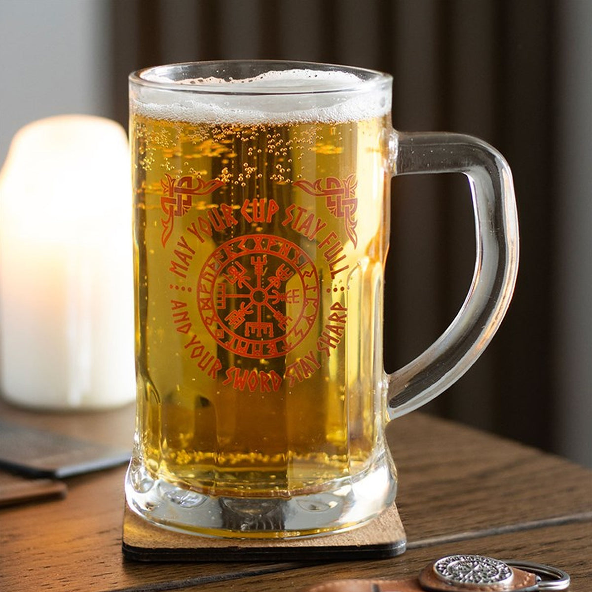 Viking Compass Glass Beer Tankard with Cork Coaster, 500ml