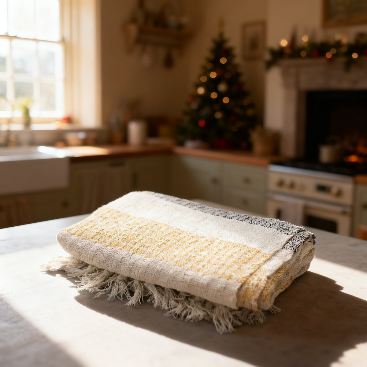 Cream and Grey Striped Cotton Throw with Tassels, 125 x 150cm in a styled home setting