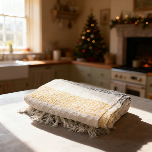 Cream and Grey Striped Cotton Throw with Tassels, 125 x 150cm in a styled home setting