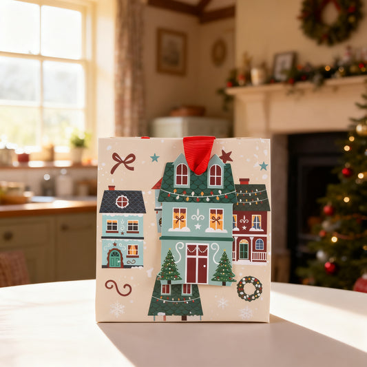 Christmas Street Print Gift Bag in a styled home setting