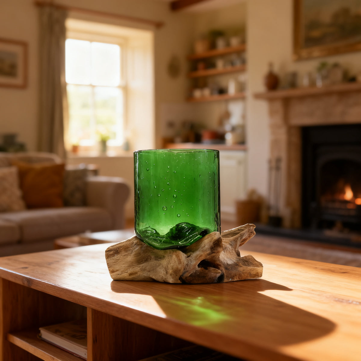 Beer Bottle Glass on Driftwood Decorative Piece in a styled home setting