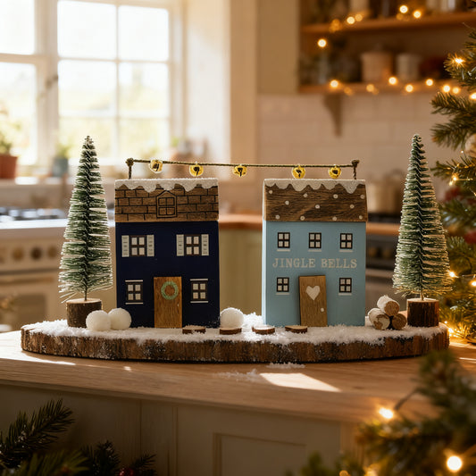 25cm Wooden Double Snowy House Ornament in a styled home setting