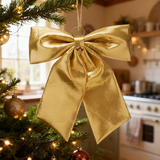 60cm Gold Metallic Fabric Bow in a styled home setting