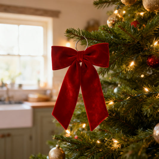 60cm Red Velvet Fabric Bow in a styled home setting