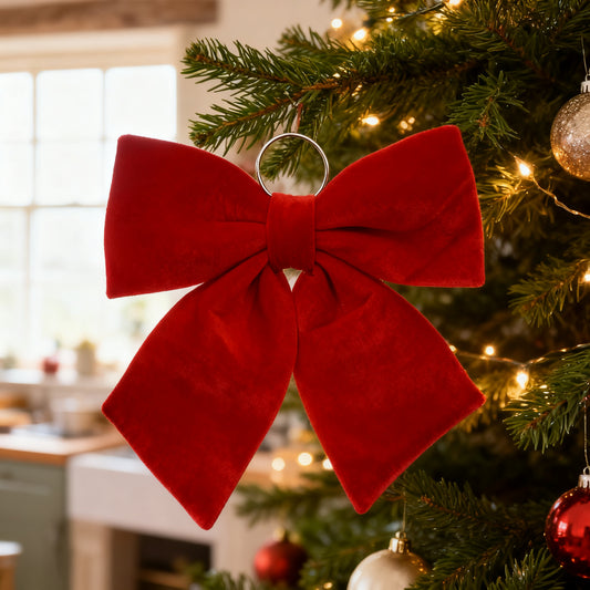 34cm Red Velvet Fabric Bow in a styled home setting