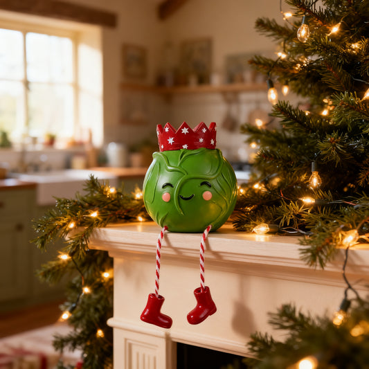 Brussles Sprout Shelf Sitter Ornament in a styled home setting