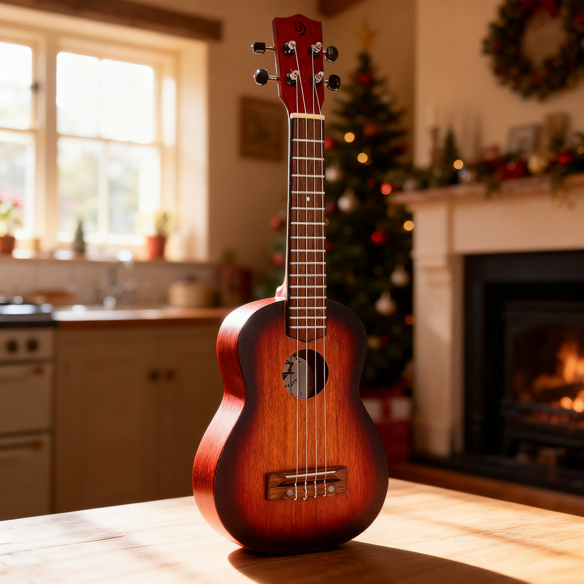 Handcrafted 4-String Ukulele, Natural Sunburst Finish in a styled home setting