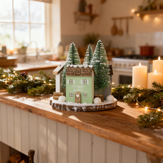 16cm Triple Wooden House Tabletop Decoration in a styled home setting