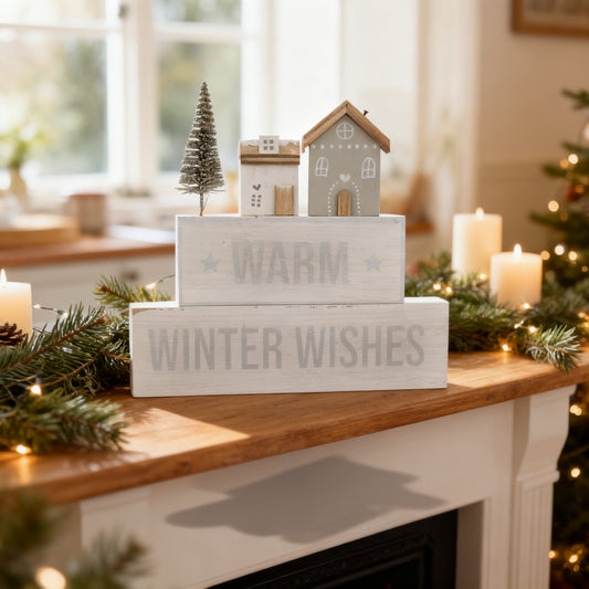 20cm Warm Winter Wishes Stacked Block Sign in a styled home setting