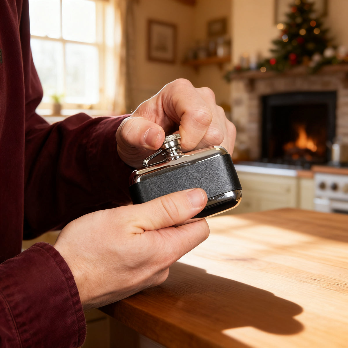 Black Leather 3oz Stainless Steel Hip Flask in a styled home setting