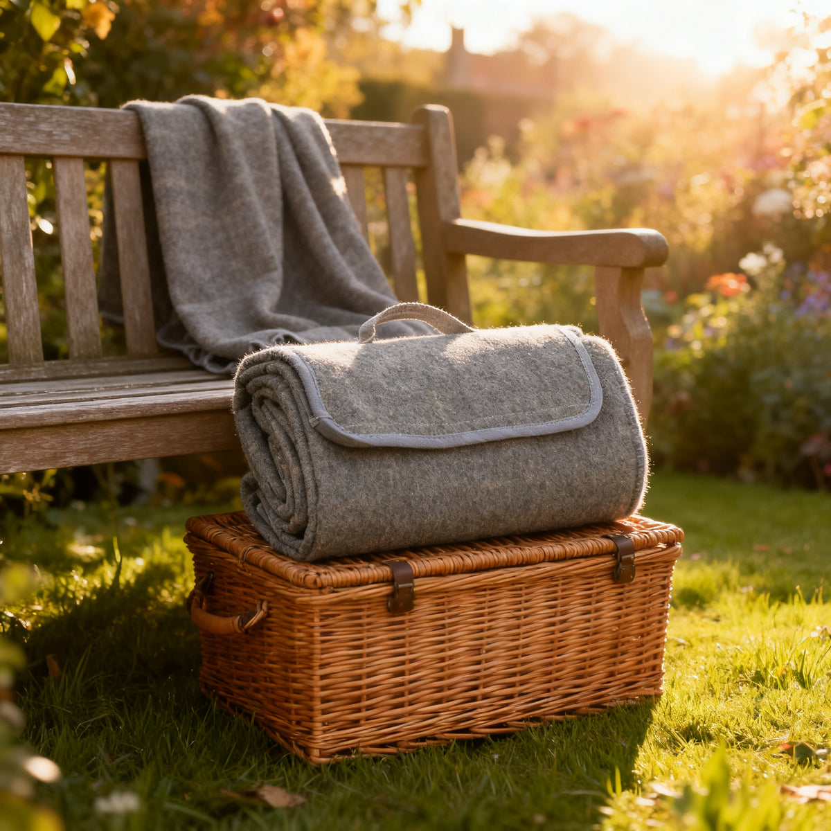 Grey Tweed Picnic Blanket in a styled home setting