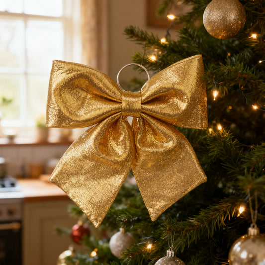 34cm Gold Metallic Fabric Bow in a styled home setting