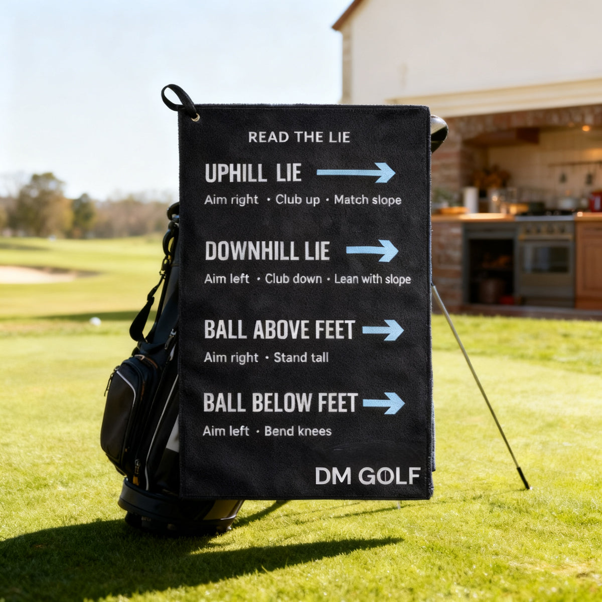 Golf Towel with Lie Tips, Black in a styled home setting