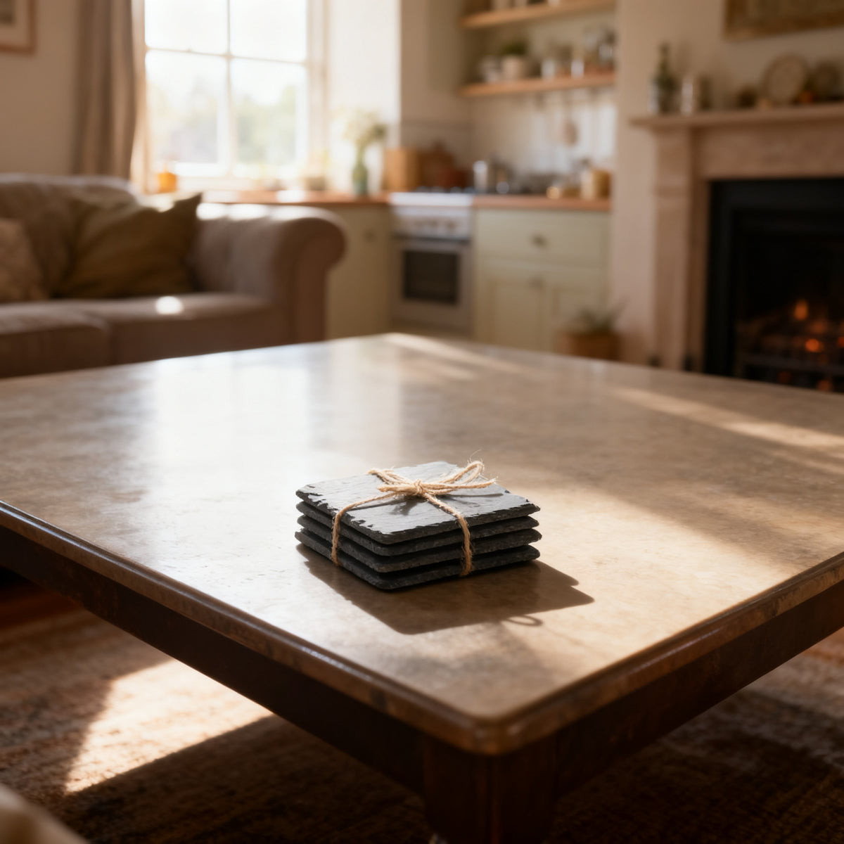 Set of 4 Square Slate Drinks Coasters in a styled home setting
