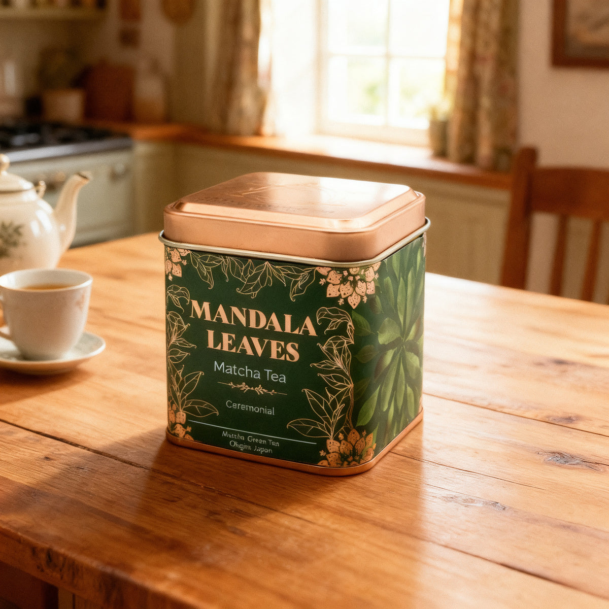 Ceremonial Matcha Tea, 50g Tin in a styled home setting