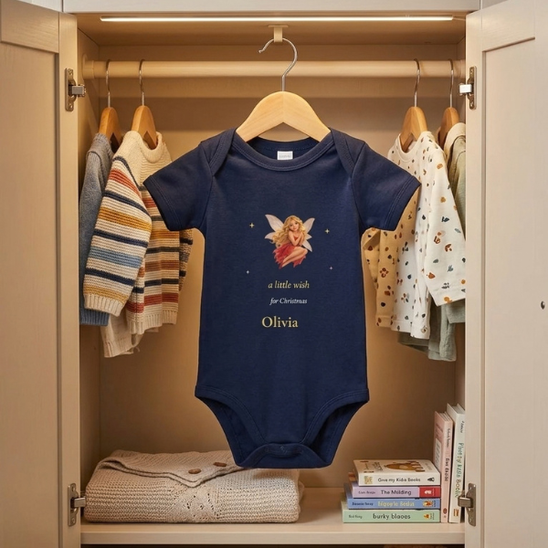 Navy baby bodysuit with a Christmas fairy and the name Olivia, hanging in a wardrobe