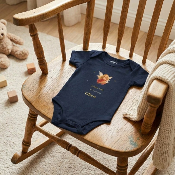 Navy baby bodysuit with a Christmas fairy and the name Olivia, laid on a wooden rocking chair