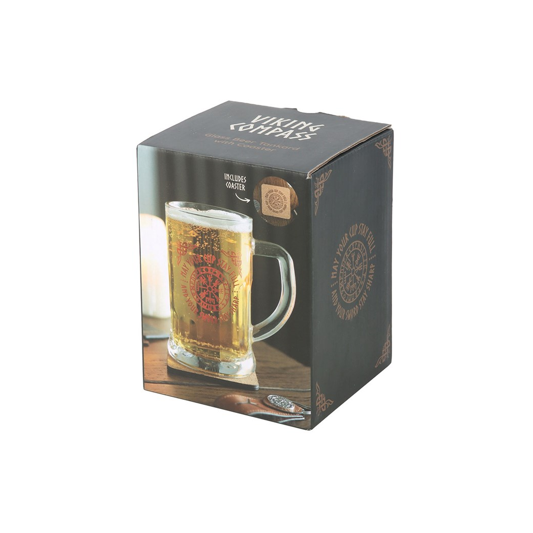Viking Compass Glass Beer Tankard with Cork Coaster, 500ml