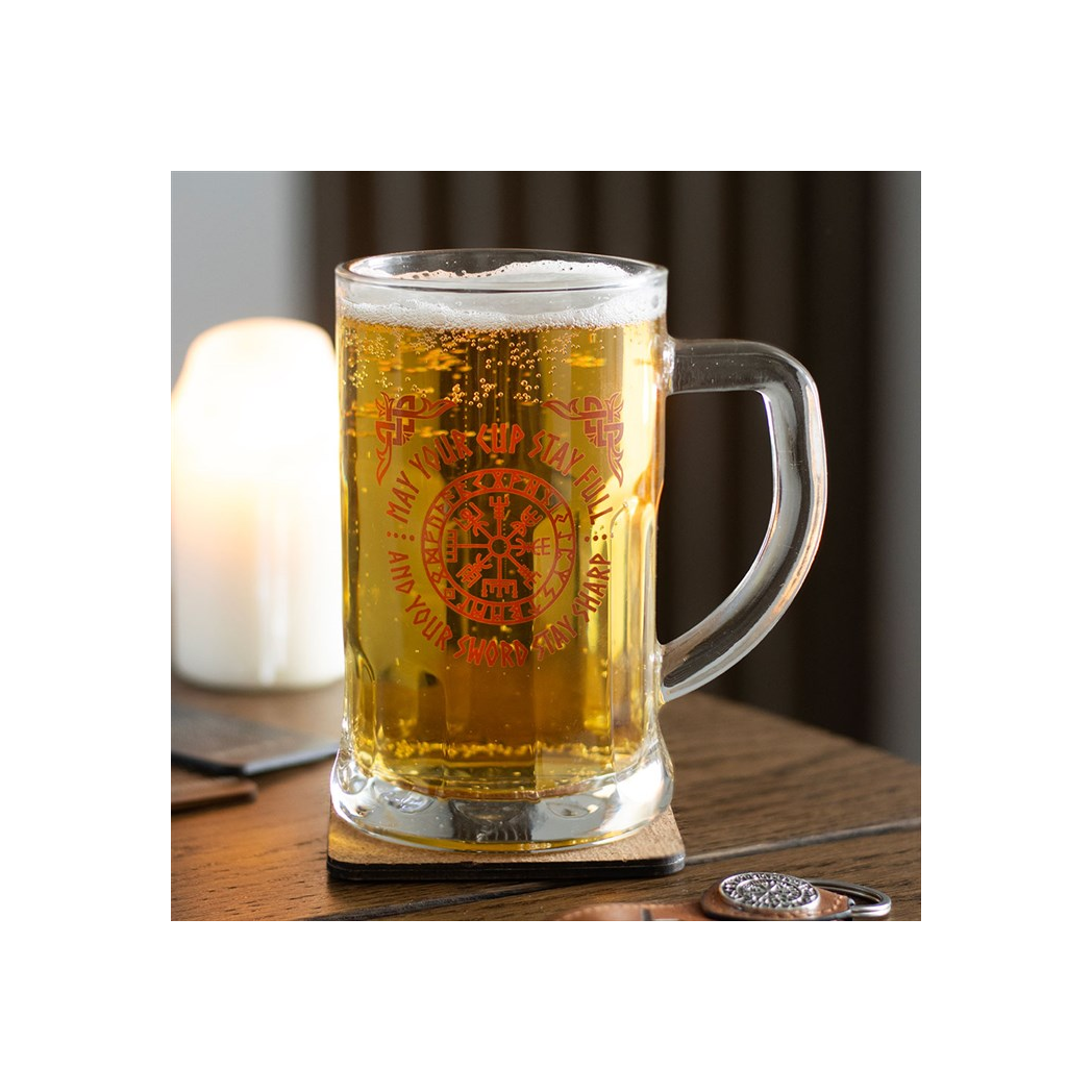Viking Compass Glass Beer Tankard with Cork Coaster, 500ml