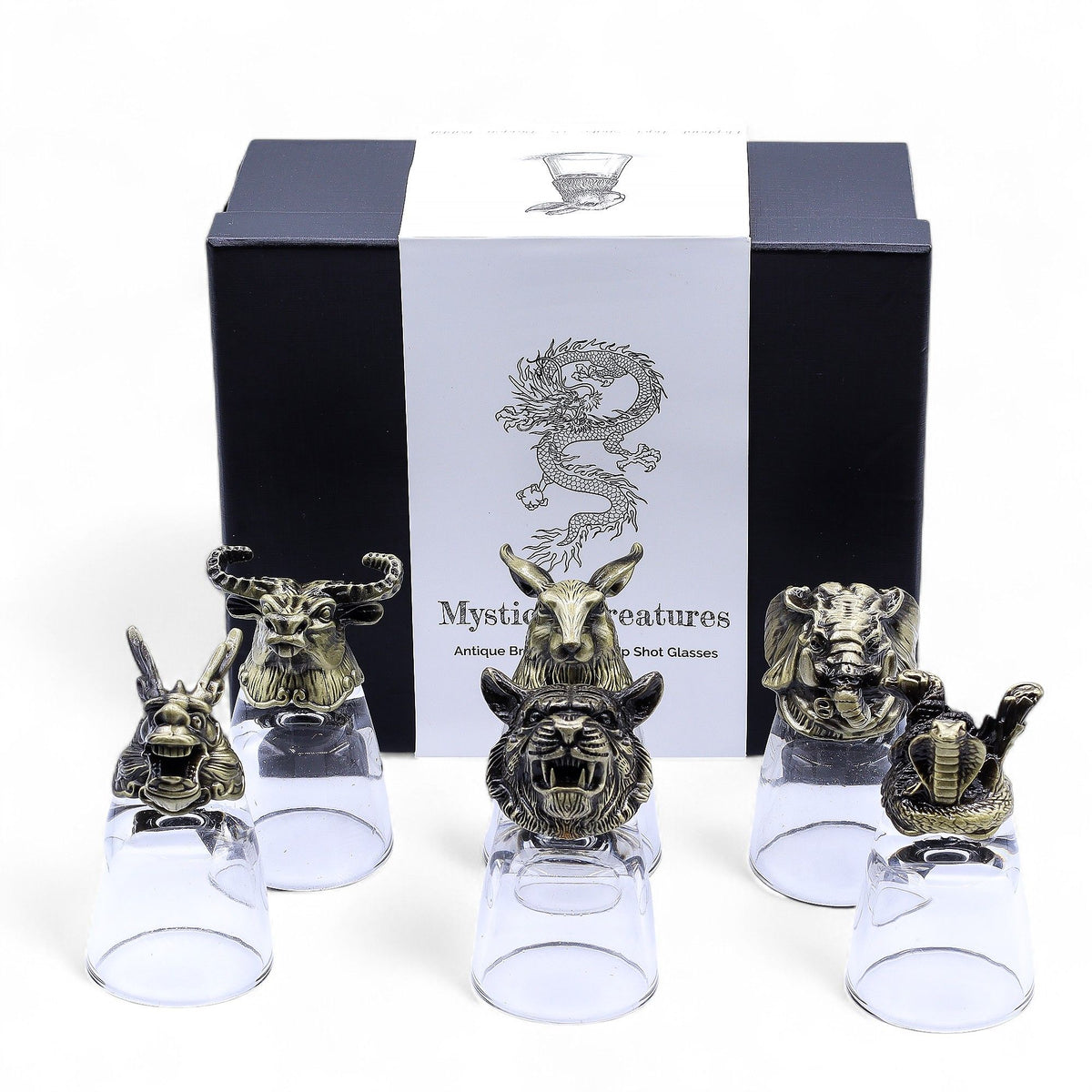 Set of Six Mystical Creatures Shot Glasses, Antique Bronze Effect, 50ml