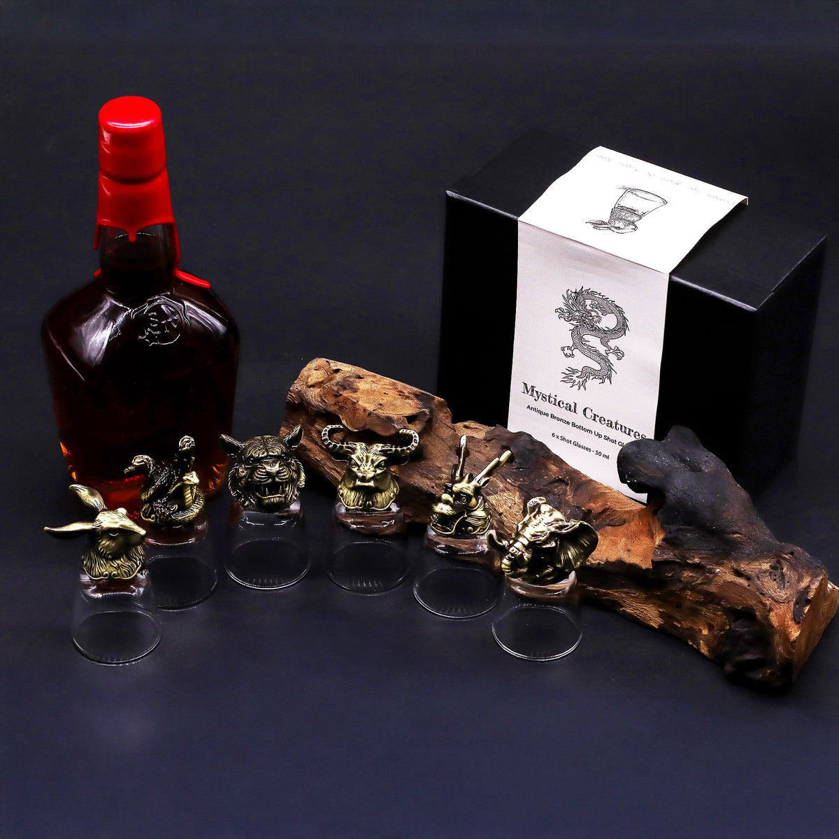 Set of Six Mystical Creatures Shot Glasses, Antique Bronze Effect, 50ml
