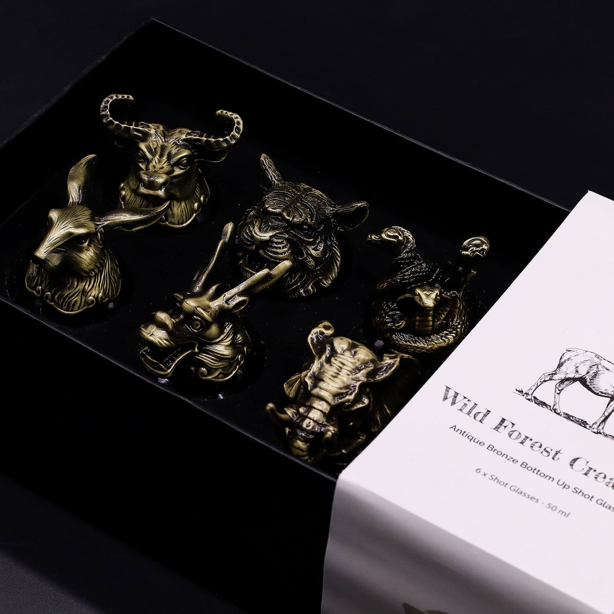Set of Six Mystical Creatures Shot Glasses, Antique Bronze Effect, 50ml