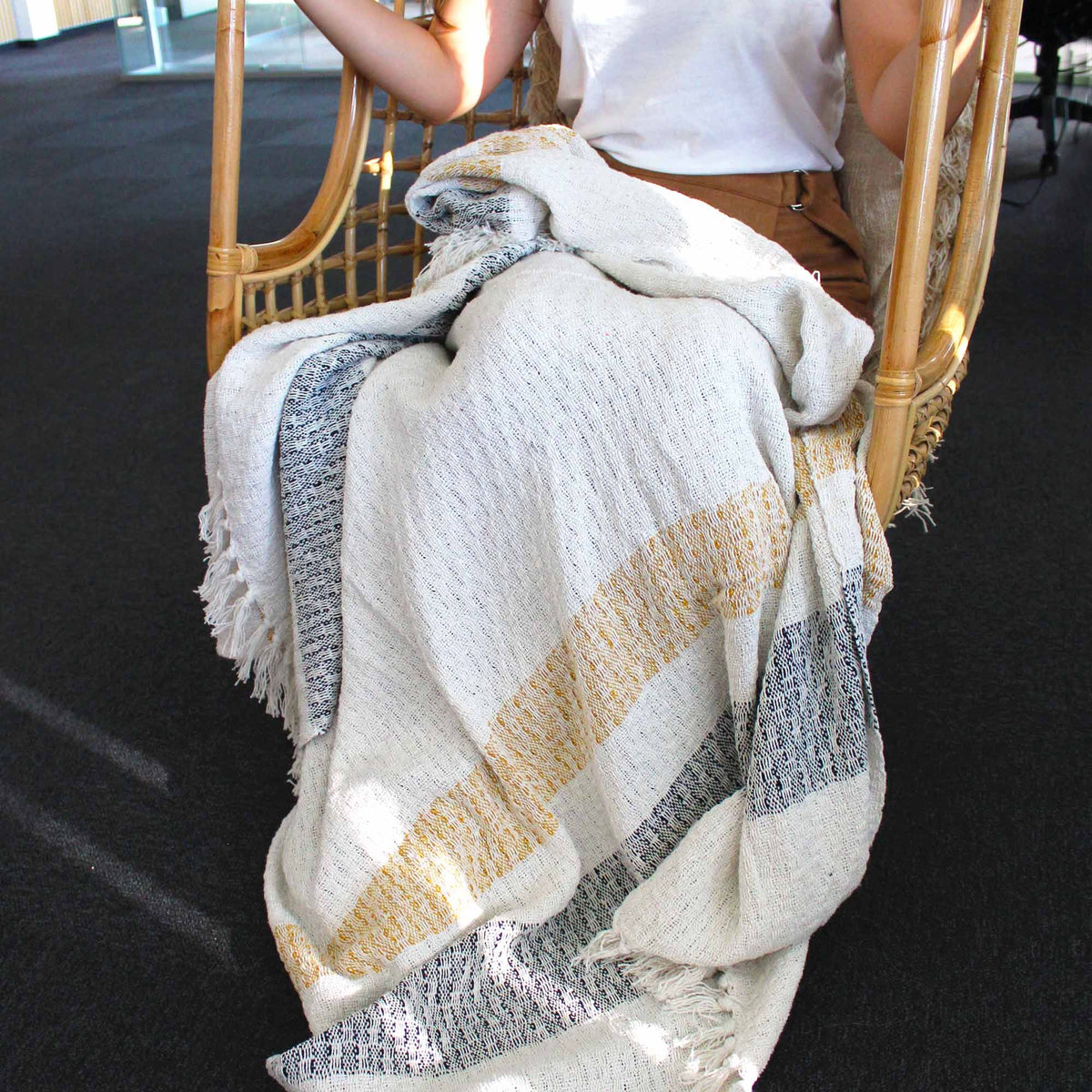 Cream and Grey Striped Cotton Throw with Tassels, 125 x 150cm