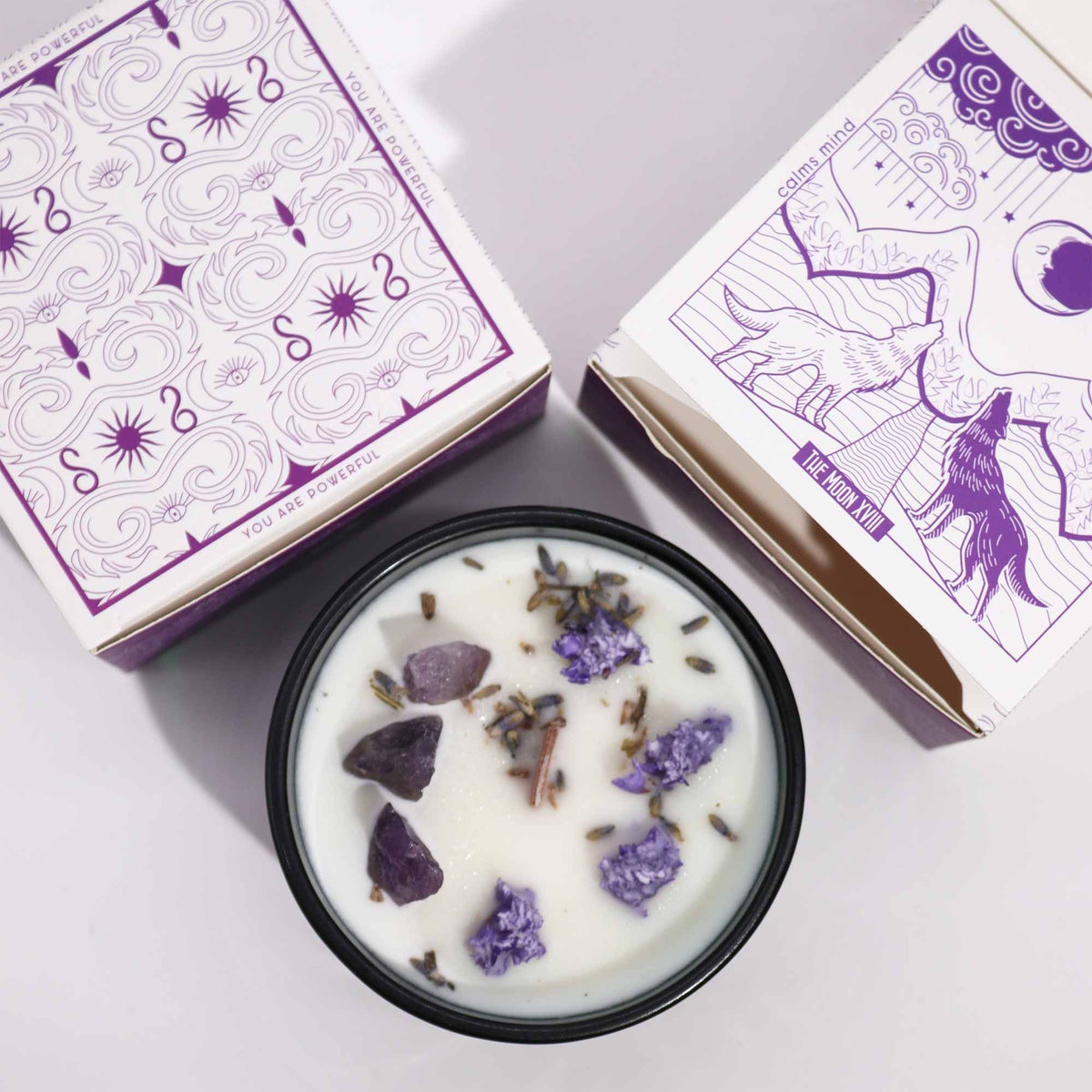 Moon Amethyst and Lavender Flower Candle