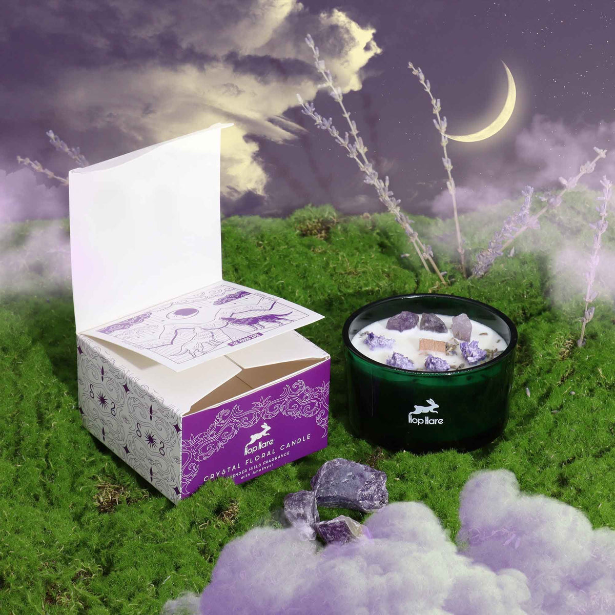 Moon Amethyst and Lavender Flower Candle