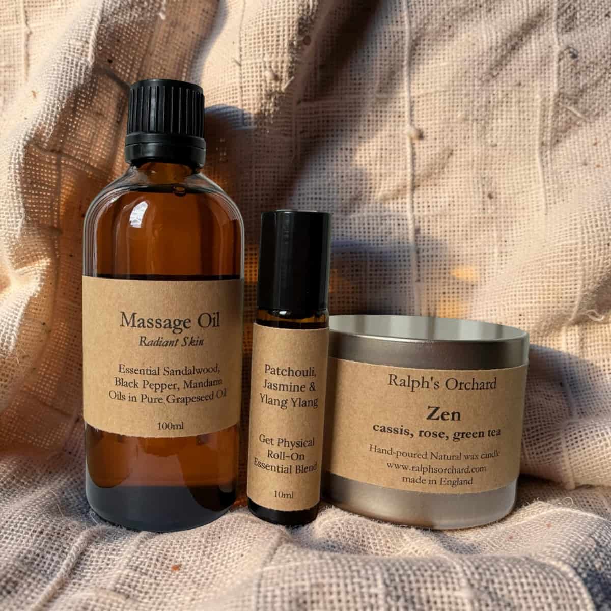 Candle, Massage Oil and Aromatherapy Roll-On Gift Set