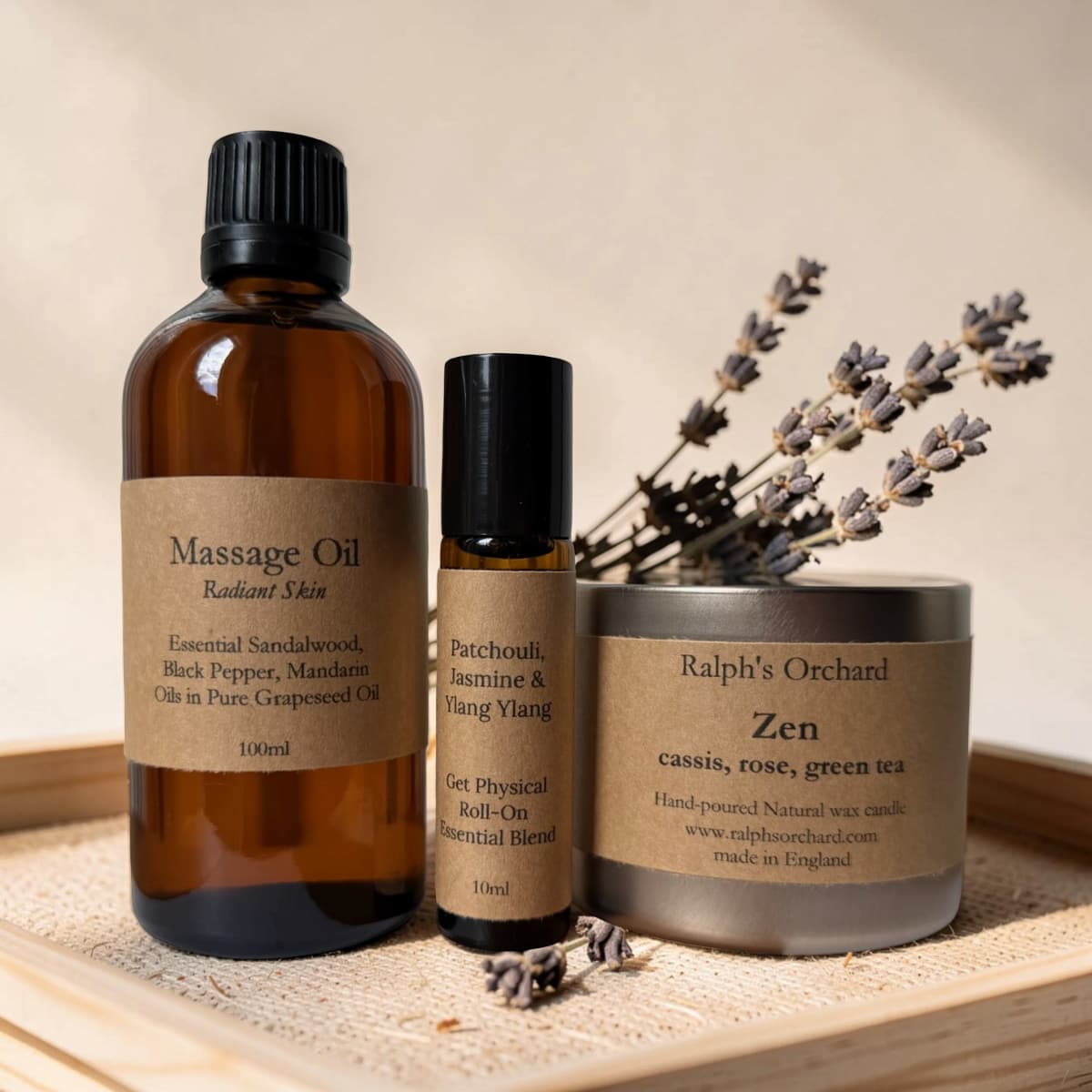 Candle, Massage Oil and Aromatherapy Roll-On Gift Set