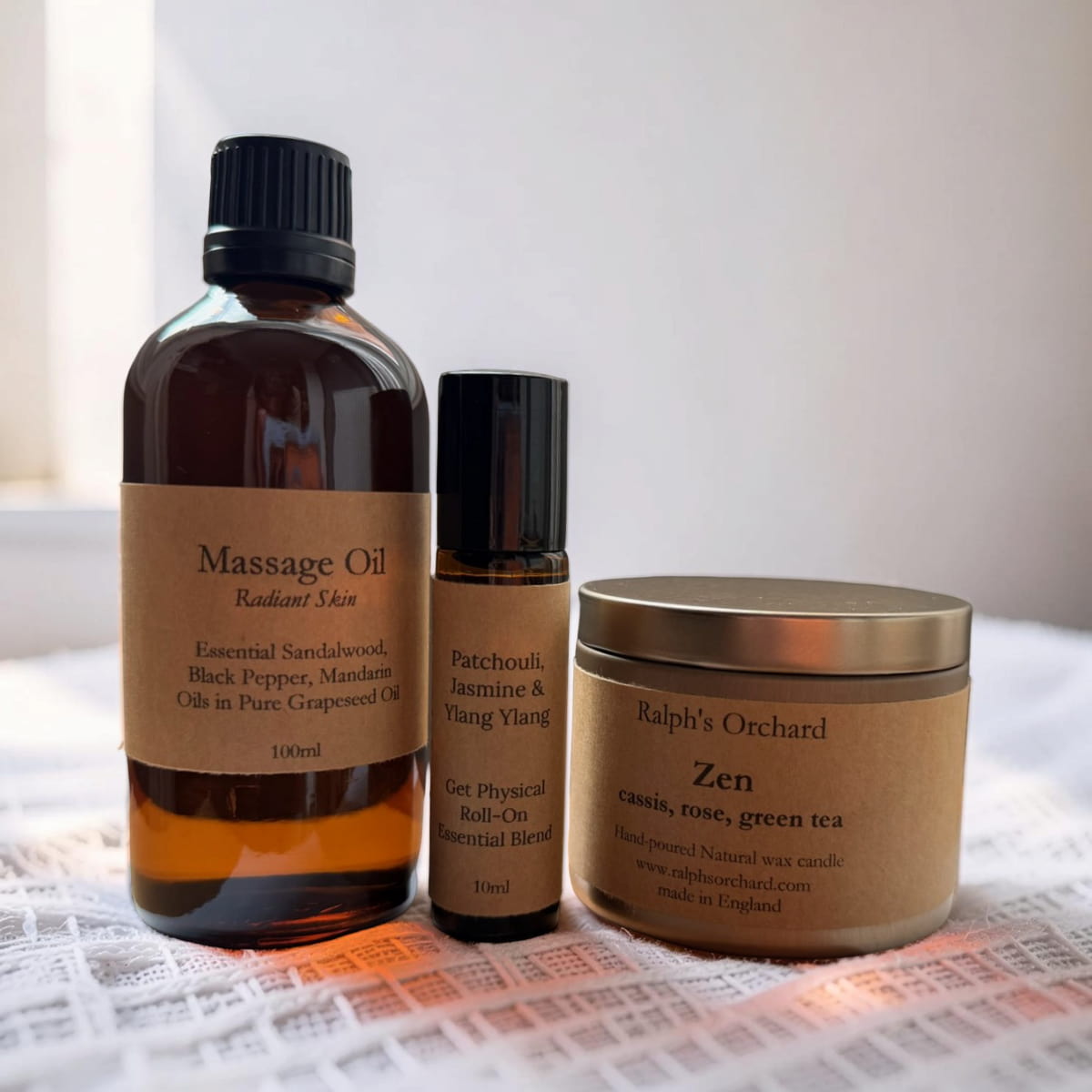 Candle, Massage Oil and Aromatherapy Roll-On Gift Set