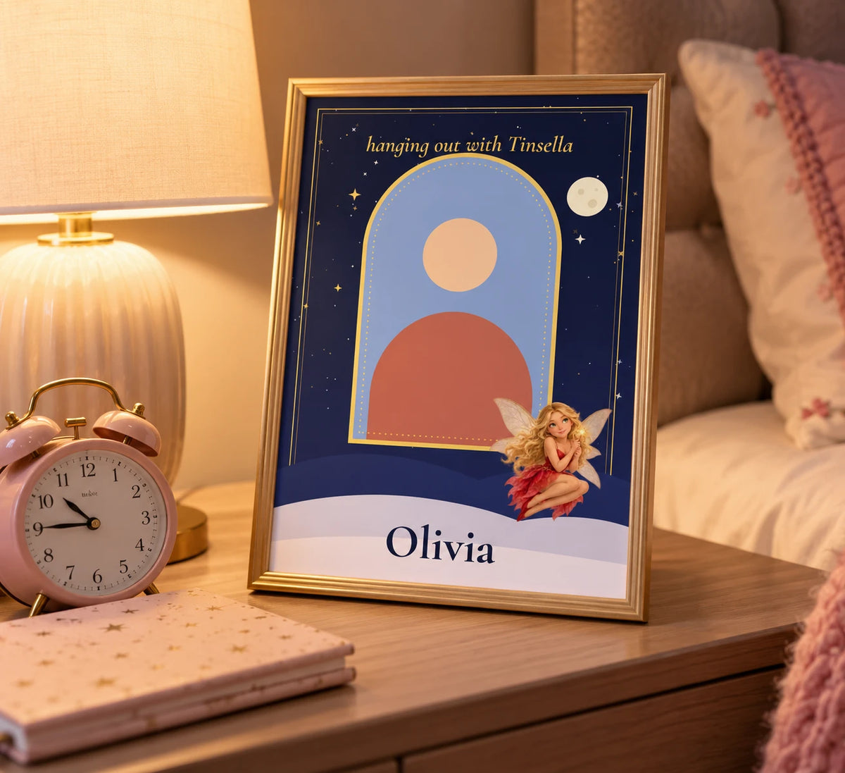Personalised Me and Tinsella poster in a gold frame on a bedside table, navy night sky with a fairy and the name Olivia
