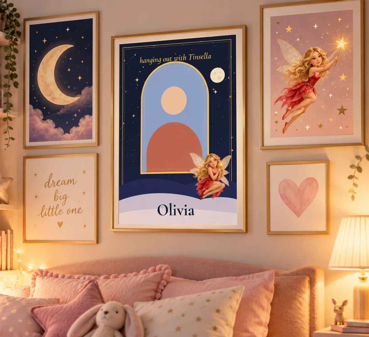 Personalised Me and Tinsella poster, a navy night sky with a fairy and the name Olivia, framed in the centre of a pink fairy-themed gallery wall